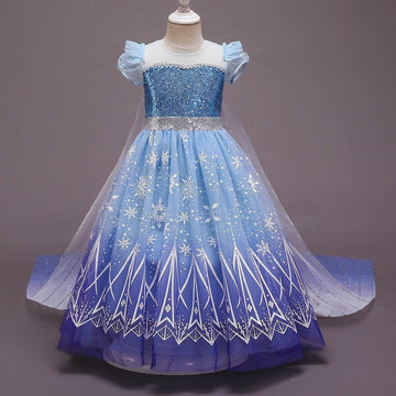 Short Sleeve Girl's Mesh Cape Dress With Detachable Train