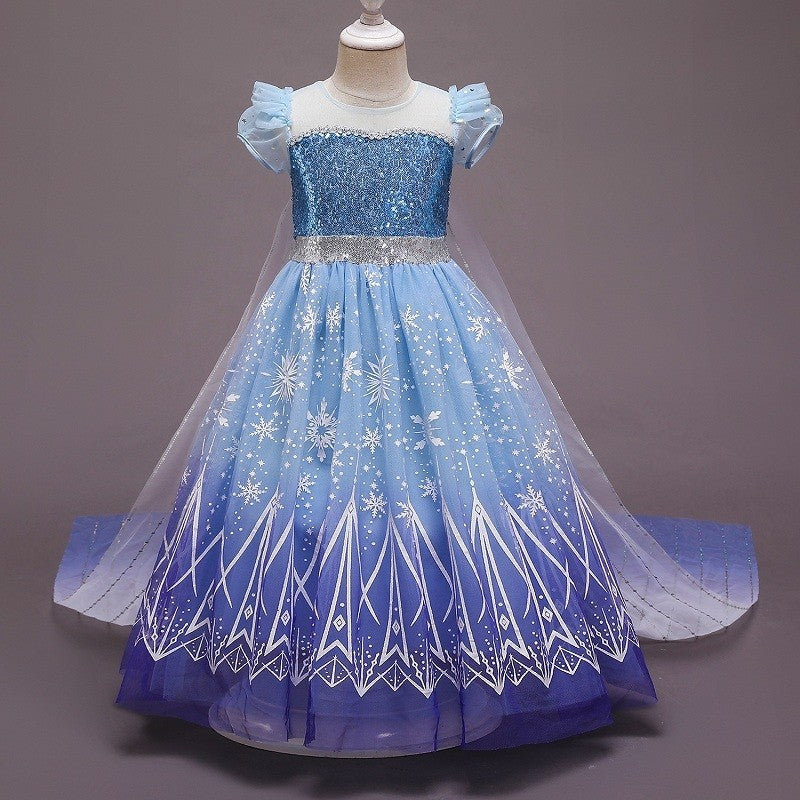 Short Sleeve Girl's Mesh Cape Dress With Detachable Train