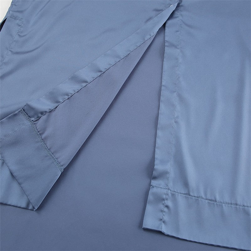Solid Satin Belted A Line Shirt Dress
