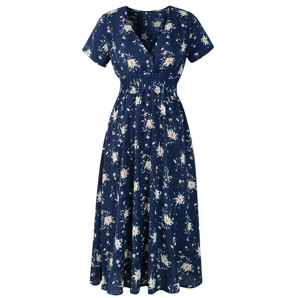 Chiffon Print V-Neck Short Sleeve Bohemian Dress