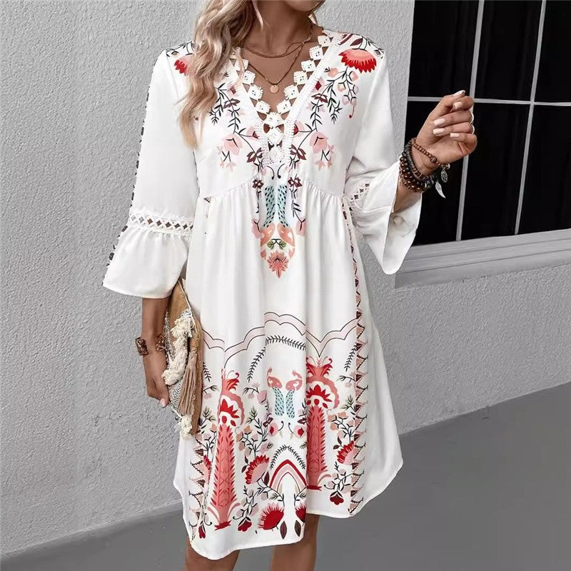 V Neck Lace Trim Print Casual Dress