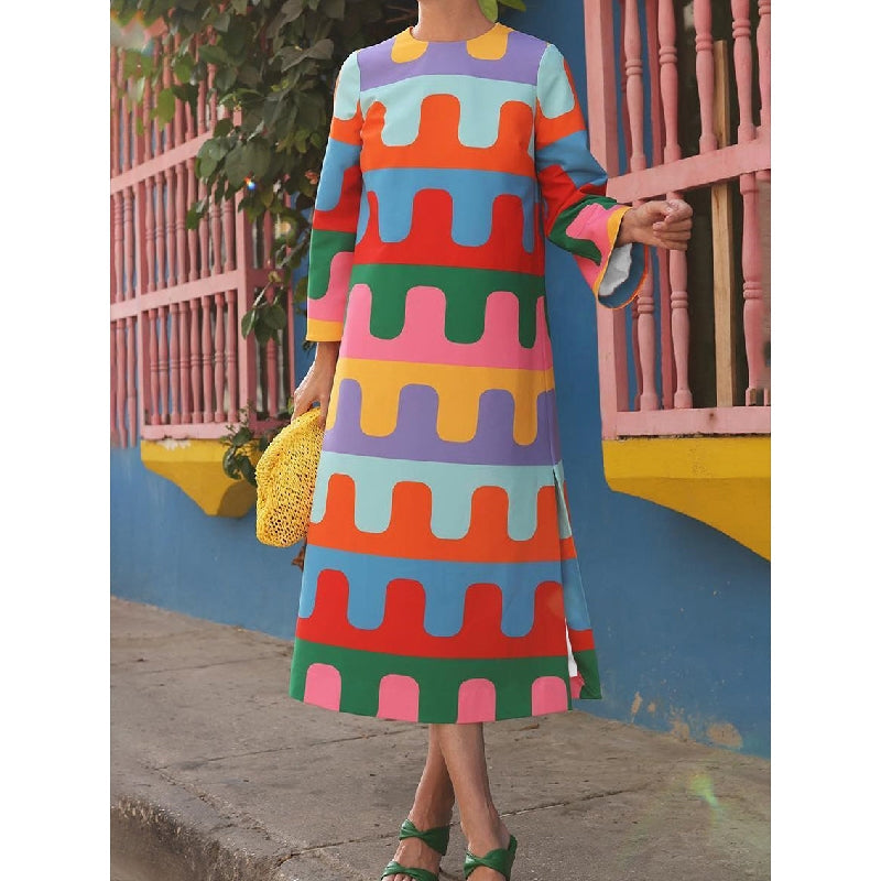 Long Sleeves Loose Printed Split-Side Round-Neck Midi Dresses