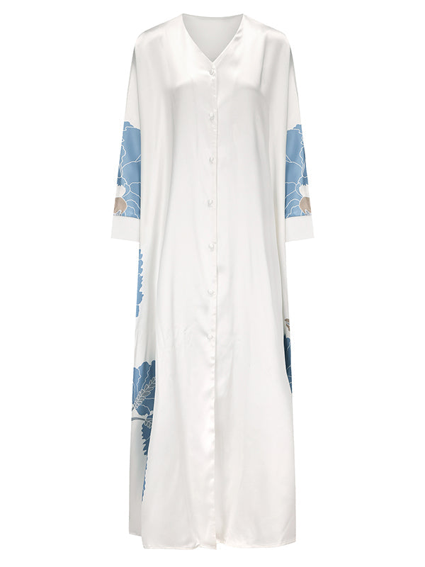Long Sleeves Buttoned Contrast Color Flower&Leaves Print Muslim V-Neck Midi Dresses