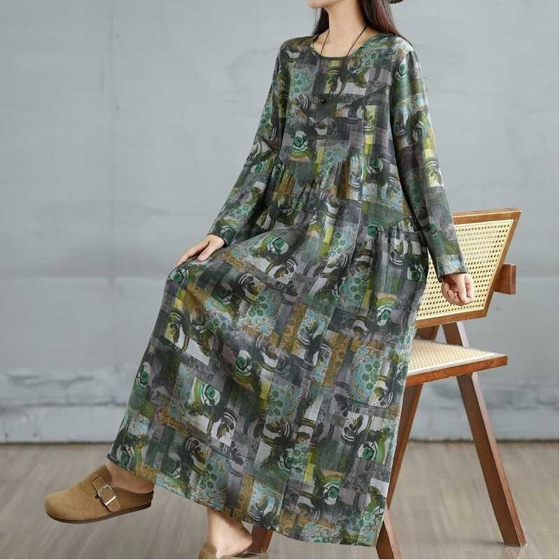 Round Neck Loose Print Long Sleeve A Line Dress