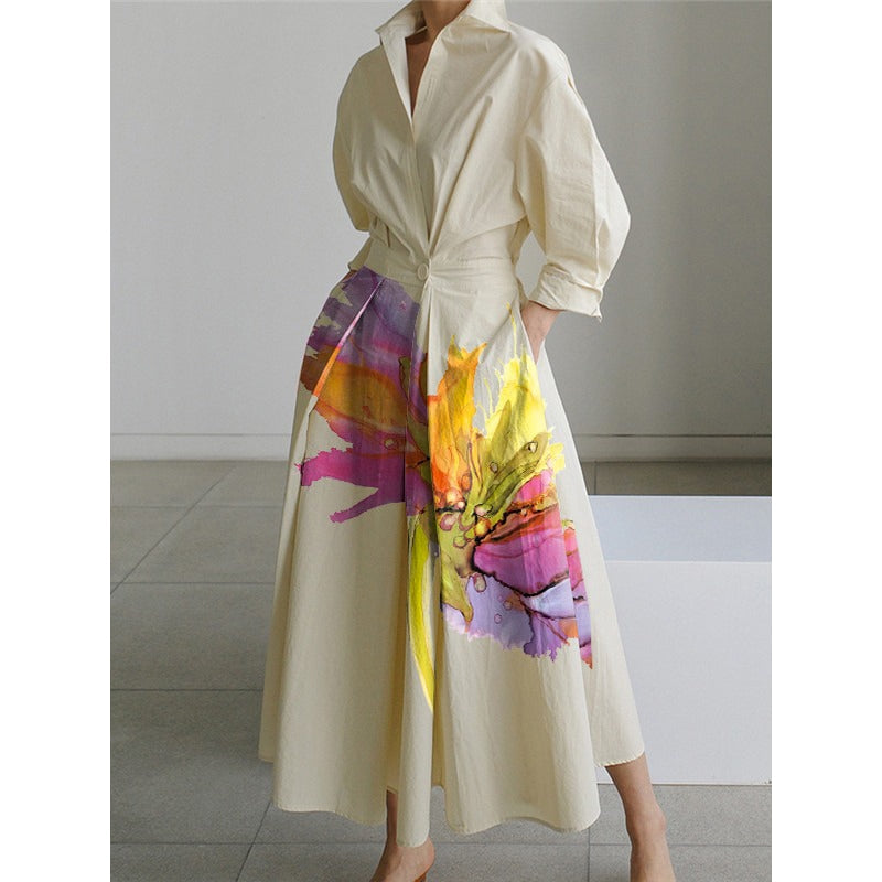 Long Sleeves Loose Pleated Split-Joint Tied Waist Lapel Midi Dresses Shirt Dress