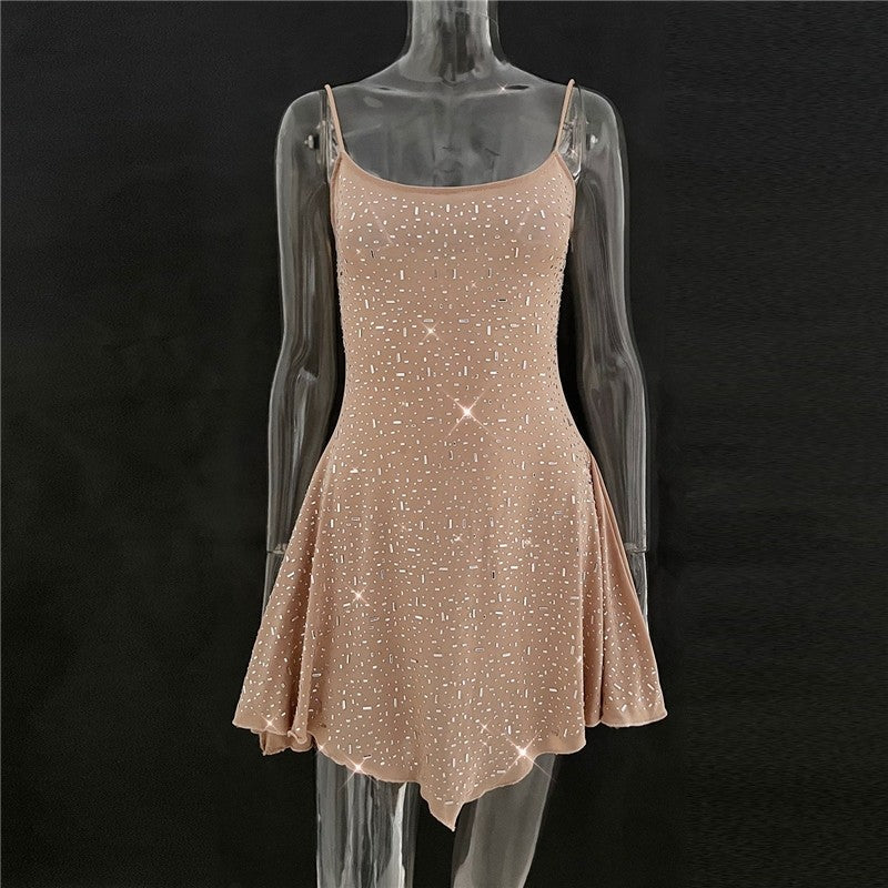 Semi-Sheer Spaghetti Strap Short Dress With Rhinestones