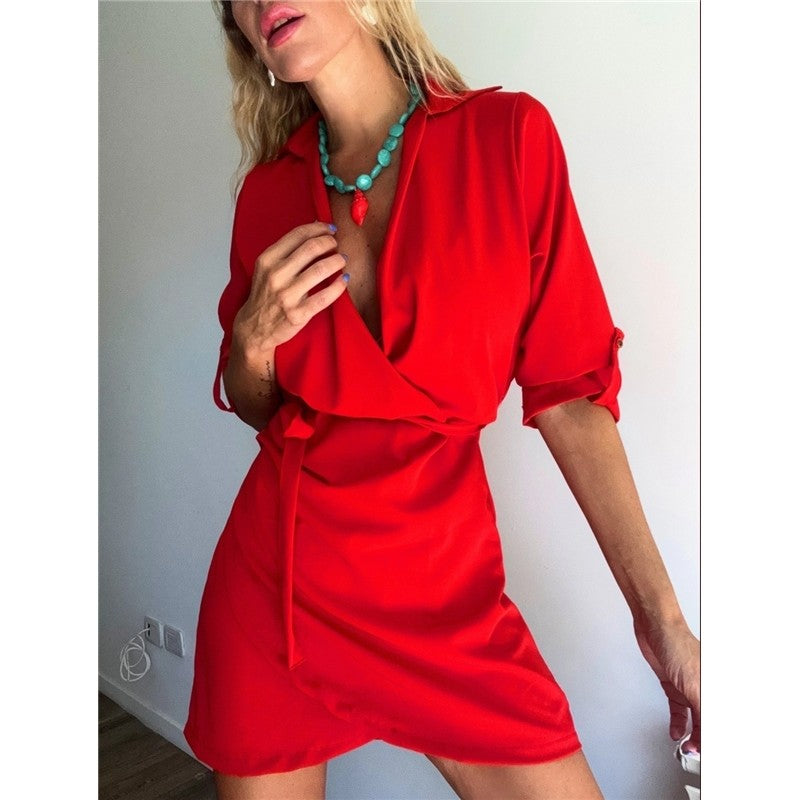 Solid Color Belted Collar Short Dress