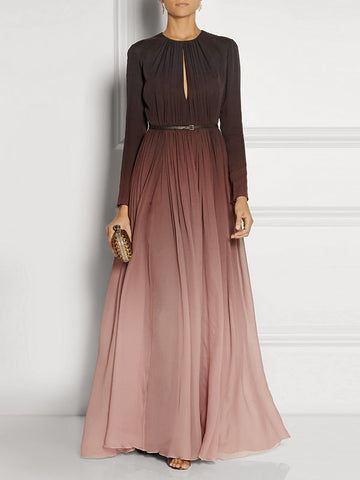 Loose Belted Contrast Color Hollow Pleated Zipper Round-Neck Maxi Evening Dresses