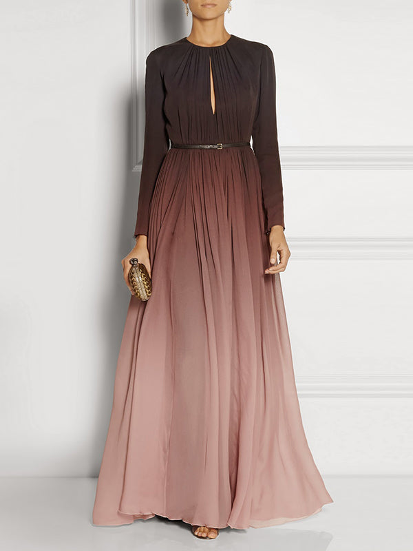 Loose Belted Contrast Color Hollow Pleated Zipper Round-Neck Maxi Evening Dresses