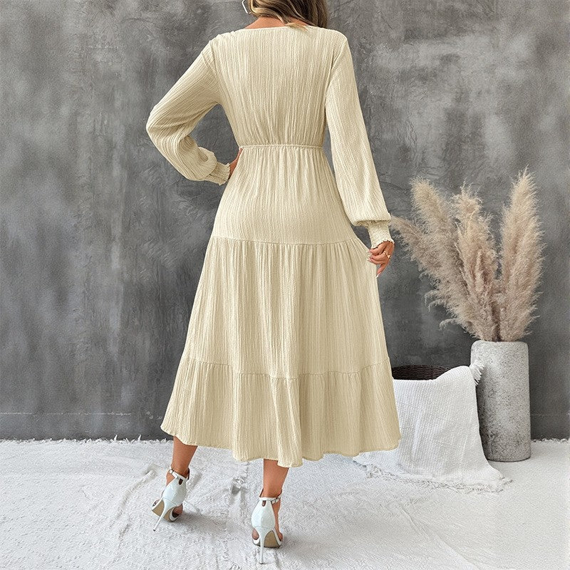 Solid V-Neck Textured Long Sleeve Dress