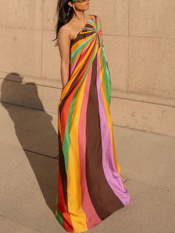 Loose Sleeveless Asymmetric Contrast Color Striped One-Shoulder Maxi Dresses
