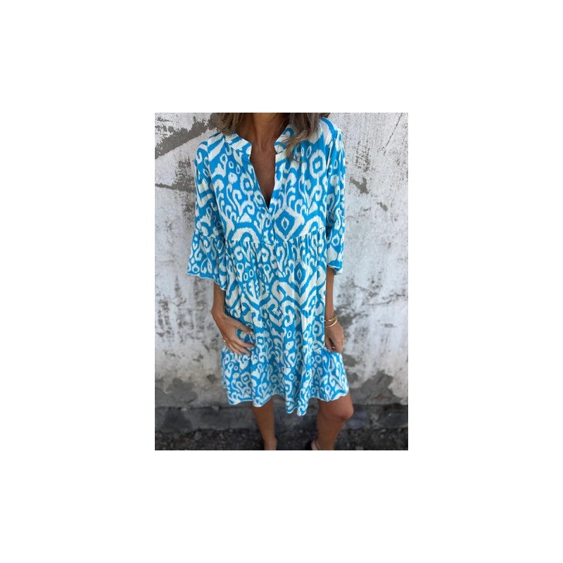 Loose V-Neck Print Pleated Short Dress