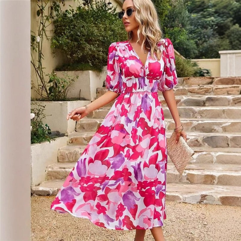 V-Neck Print Elastic Waist Short Sleeve Dress