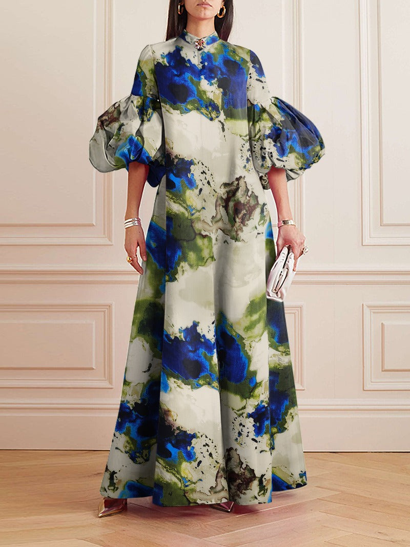 Loose Flower Shape Solid Color Stand Collar Evening Dresses Maxi Dresses