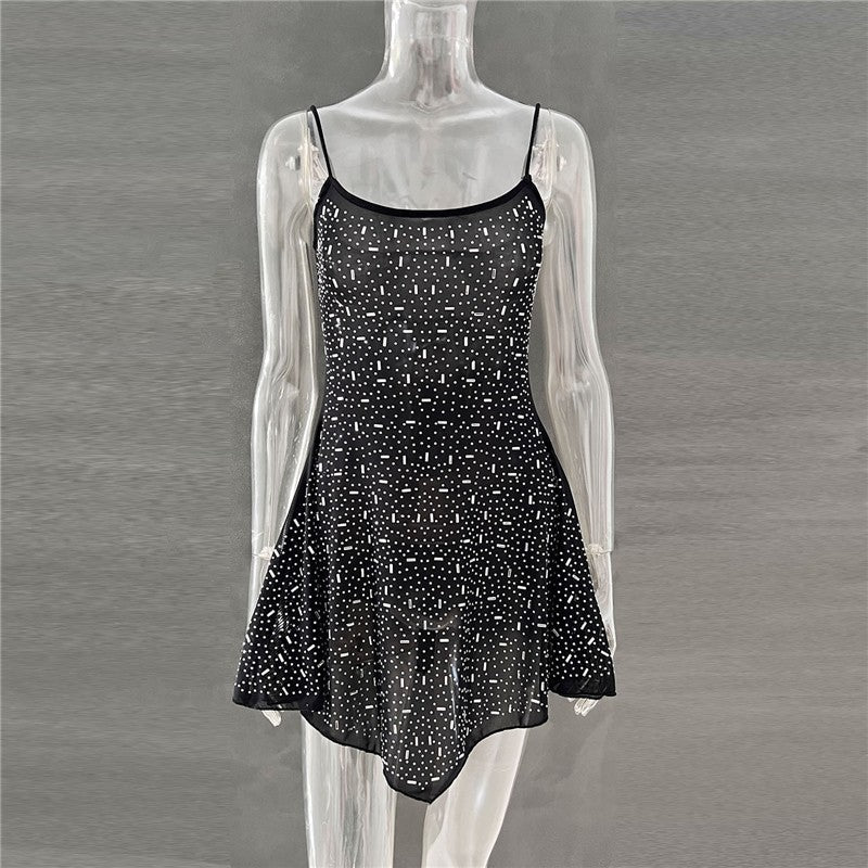 Semi-Sheer Spaghetti Strap Short Dress With Rhinestones