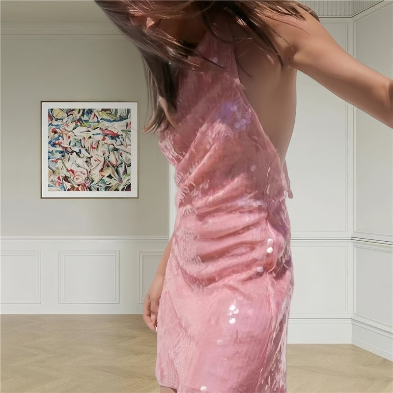 Sequined Halter Sleeveless Backless Short Dress