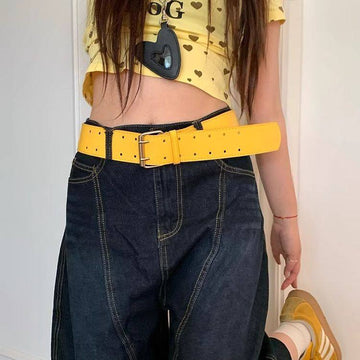 Women's Wide Yellow Belt With Double Buttons For Dresses And Jeans
