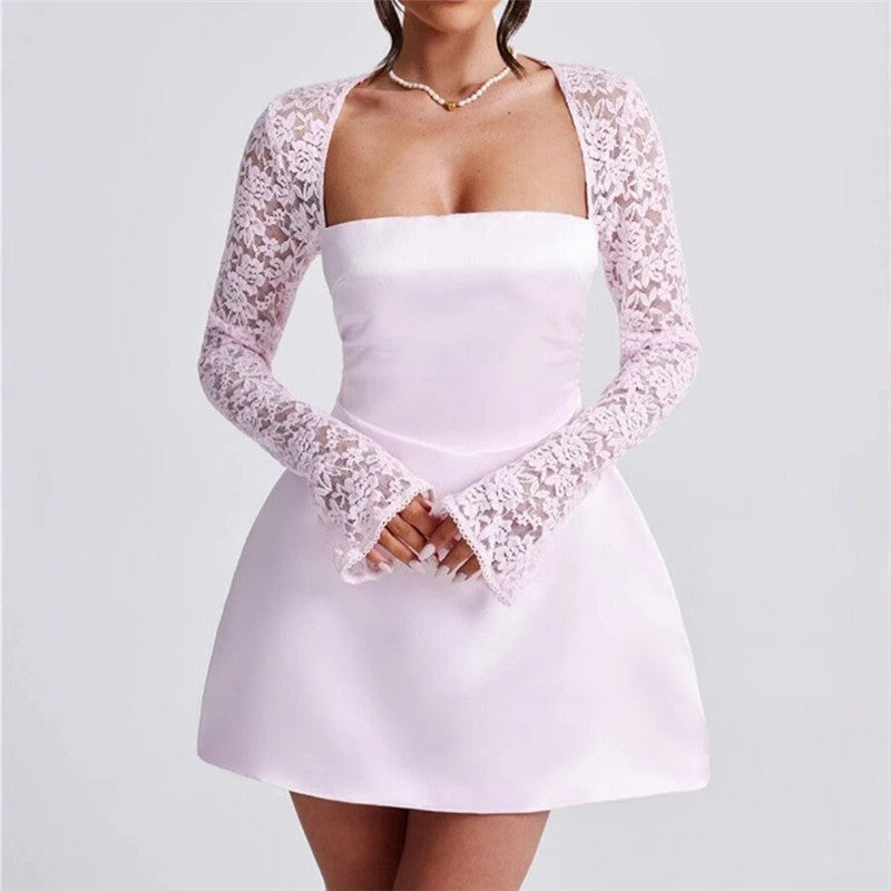 Lace Trim Sleeve A-Line Short Dress