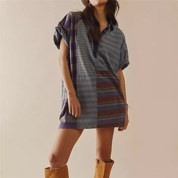 Color Block Striped Loose Casual Short Dress