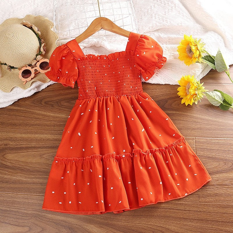 Girls' Polka Dot Square Neck Short Sleeve Dress