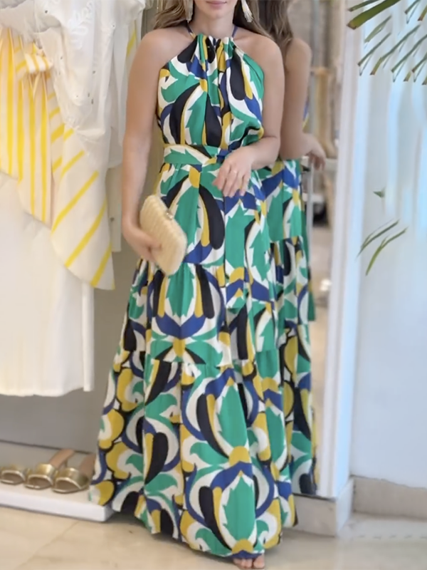 All-Match Geometric Tied Waist High Waisted Maxi Dresses