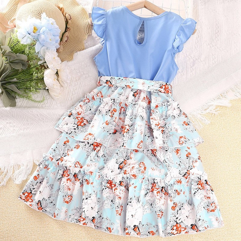 Girl's Lace Neck Fly Sleeve Floral Princess Dress