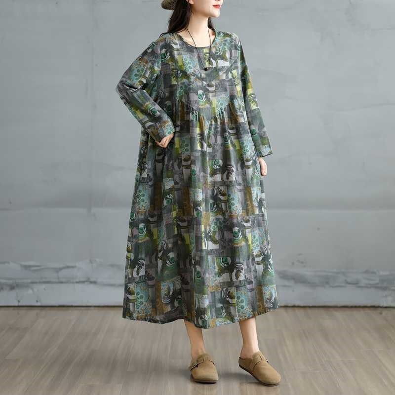 Round Neck Loose Print Long Sleeve A Line Dress