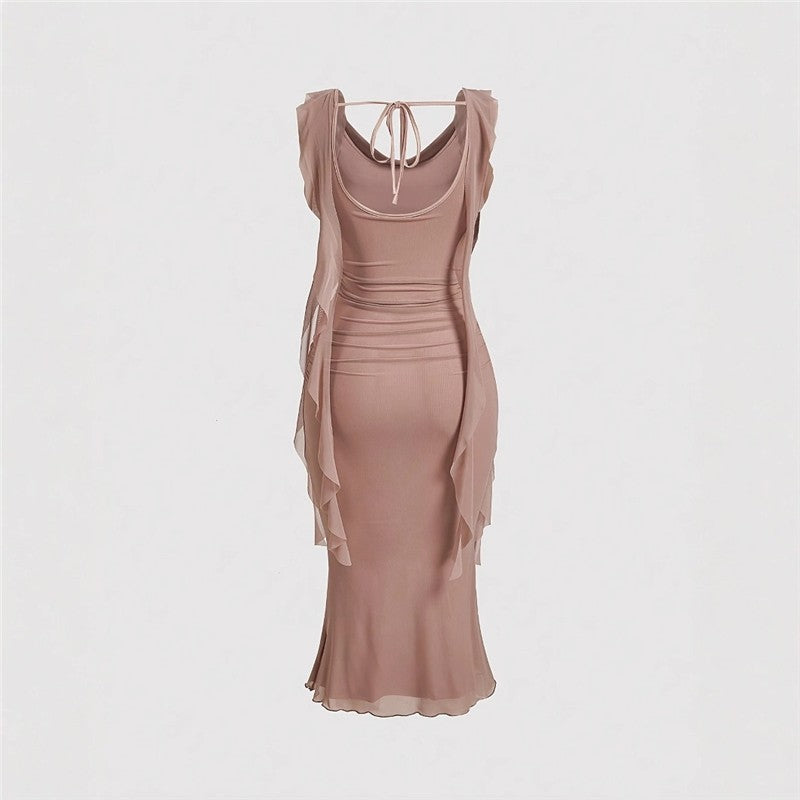 Flutter Sleeve Mesh Sheath Dress
