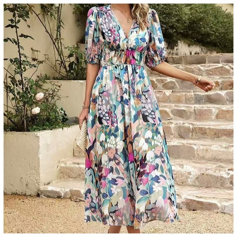 V-Neck Print Elastic Waist Short Sleeve Dress