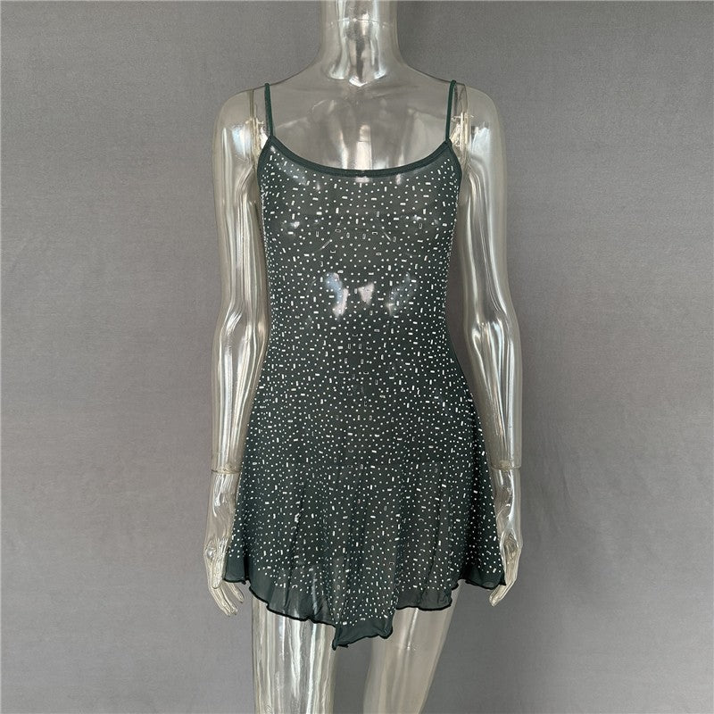 Semi-Sheer Spaghetti Strap Short Dress With Rhinestones
