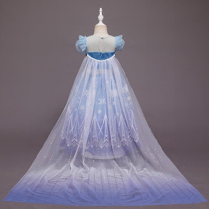 Short Sleeve Girl's Mesh Cape Dress With Detachable Train