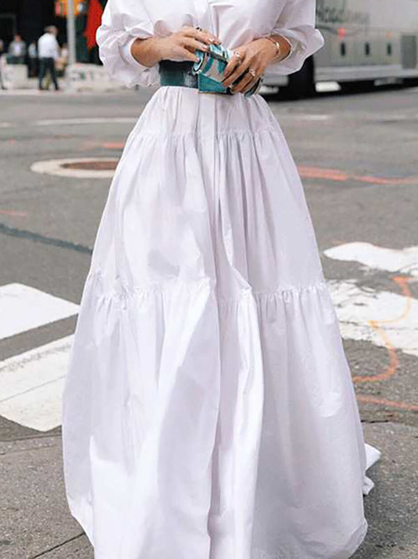 Long Sleeves Loose Belted Pleated Solid Color Lapel Maxi Dresses Shirt Dress