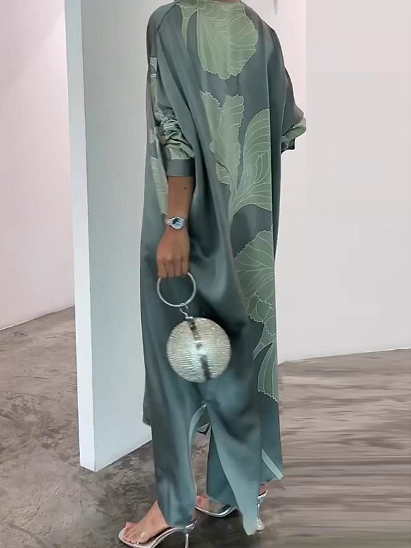 Long Sleeves Buttoned Contrast Color Flower&Leaves Print Muslim V-Neck Midi Dresses
