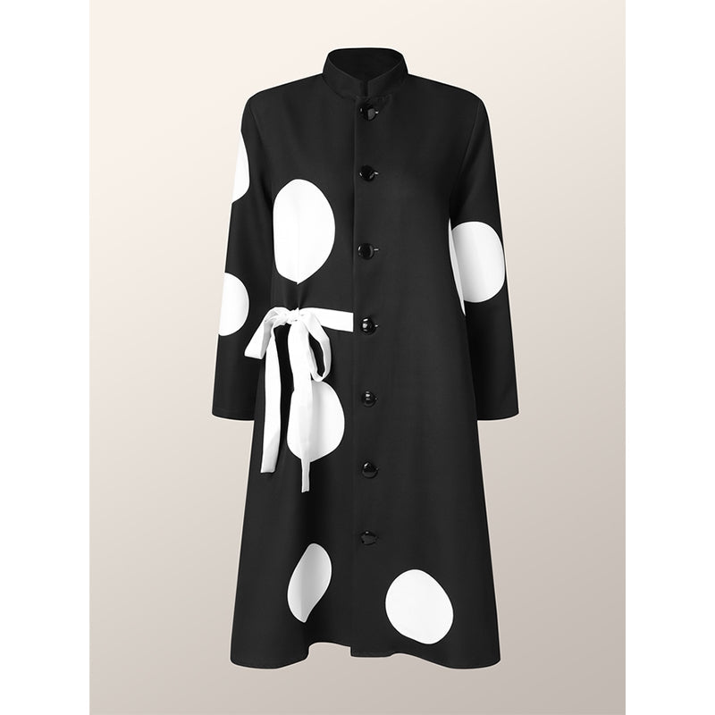 Long Sleeves Loose Asymmetric Buttoned Polka-Dot Tied Mock Neck Midi Dresses
