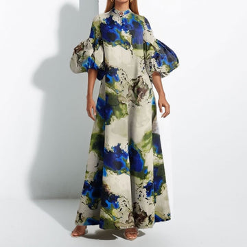 Flowy Print Bubble Sleeve Maxi Dress