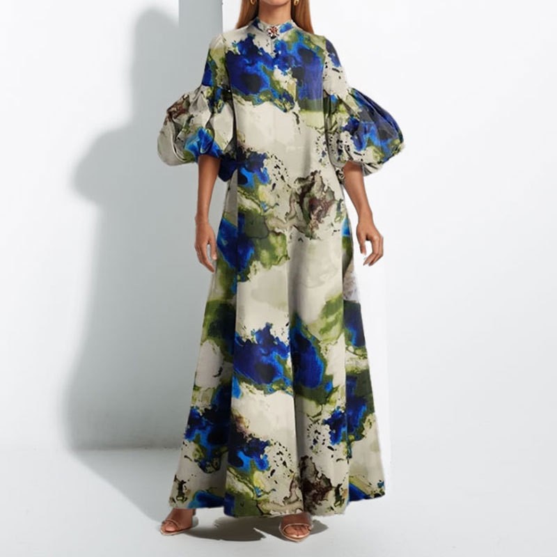 Flowy Print Bubble Sleeve Maxi Dress