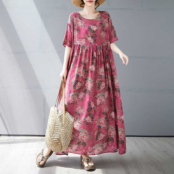 Loose Short Sleeve Round Neck Print Dress