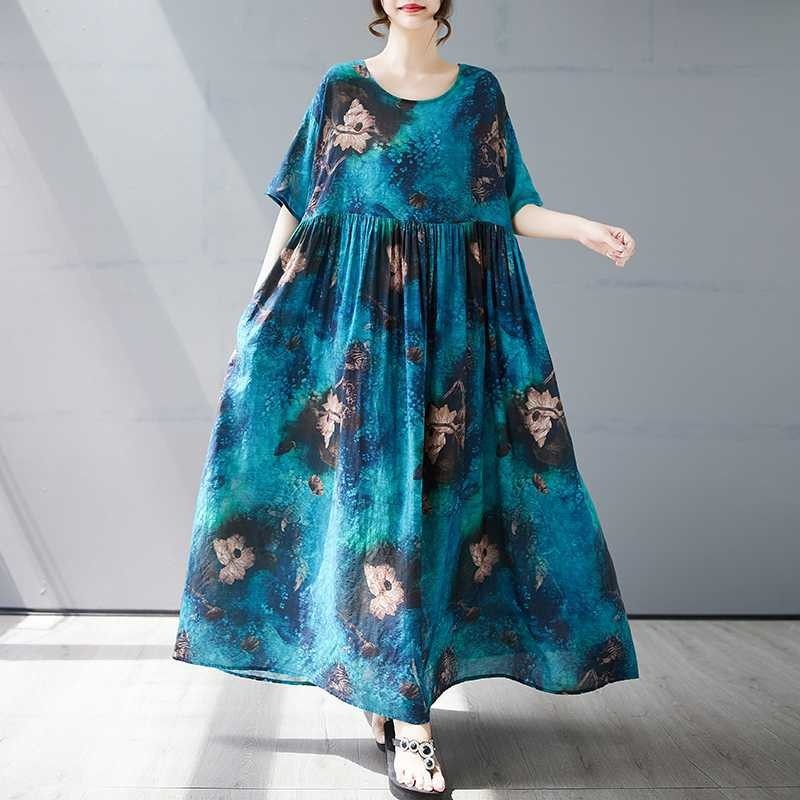 Loose Short Sleeve Round Neck Print Dress