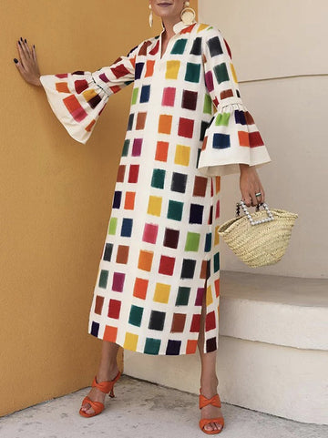 Flared Sleeves Multi-Colored Plaid Split-Joint V-neck Maxi Dresses Midi Dresses