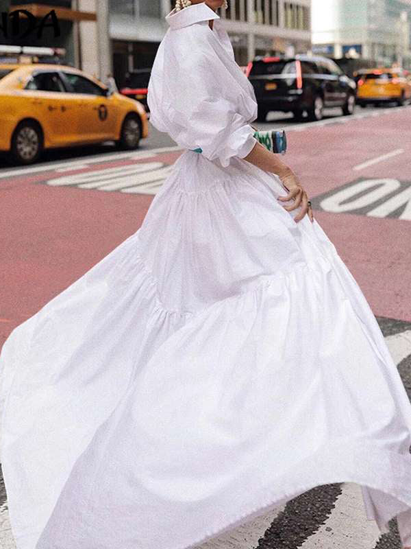 Long Sleeves Loose Belted Pleated Solid Color Lapel Maxi Dresses Shirt Dress