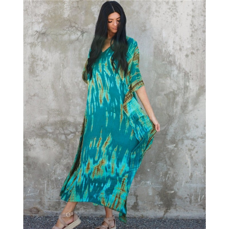 Half Sleeves V-Neck Tie-Dyed Maxi Dress