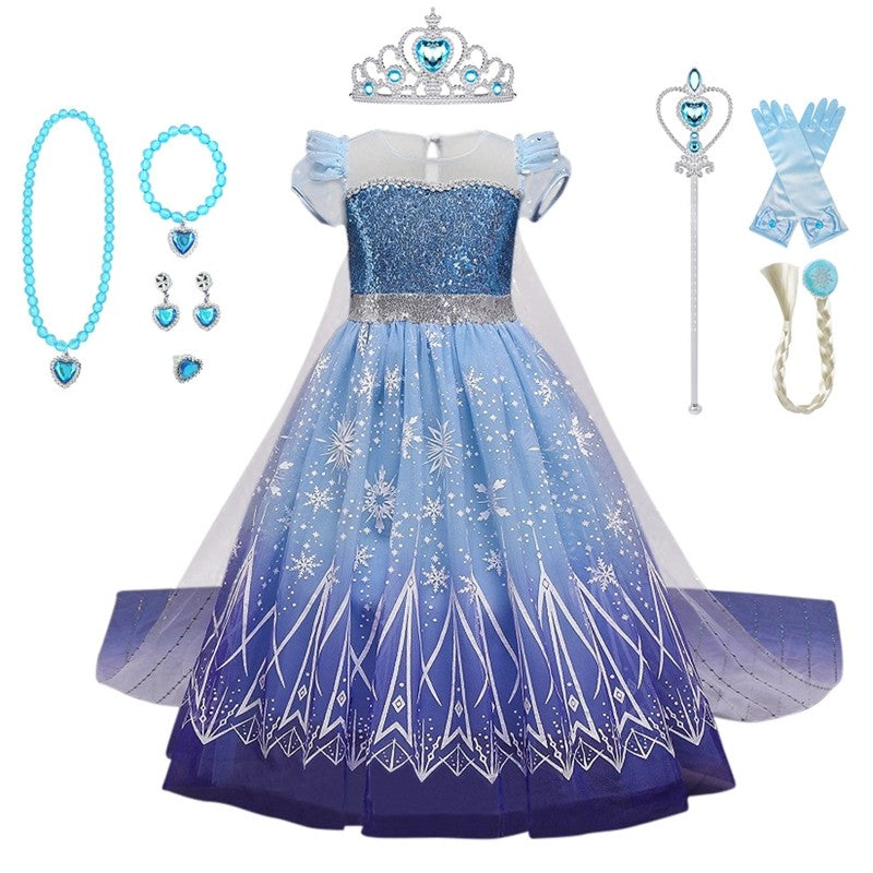 Short Sleeve Girl's Mesh Cape Dress With Detachable Train