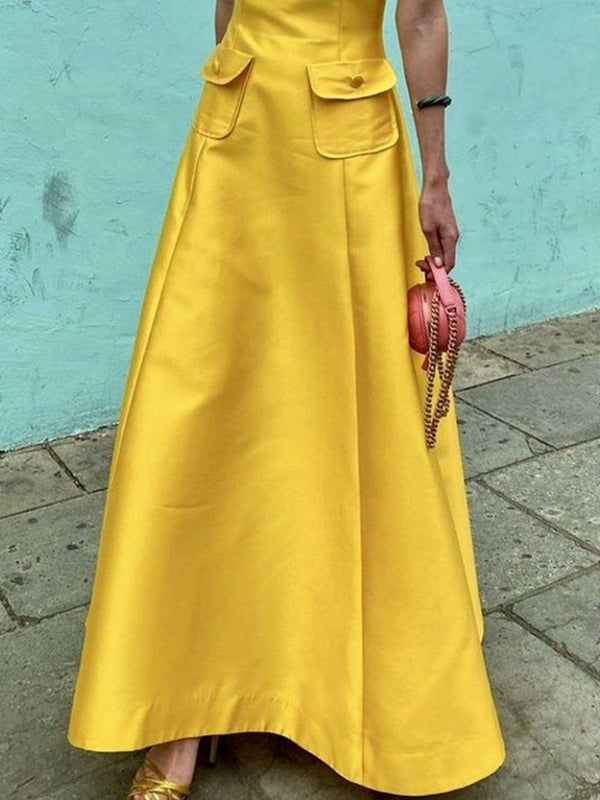 Short Sleeves Pockets Solid Color Split-Joint Stand Collar Maxi Dresses