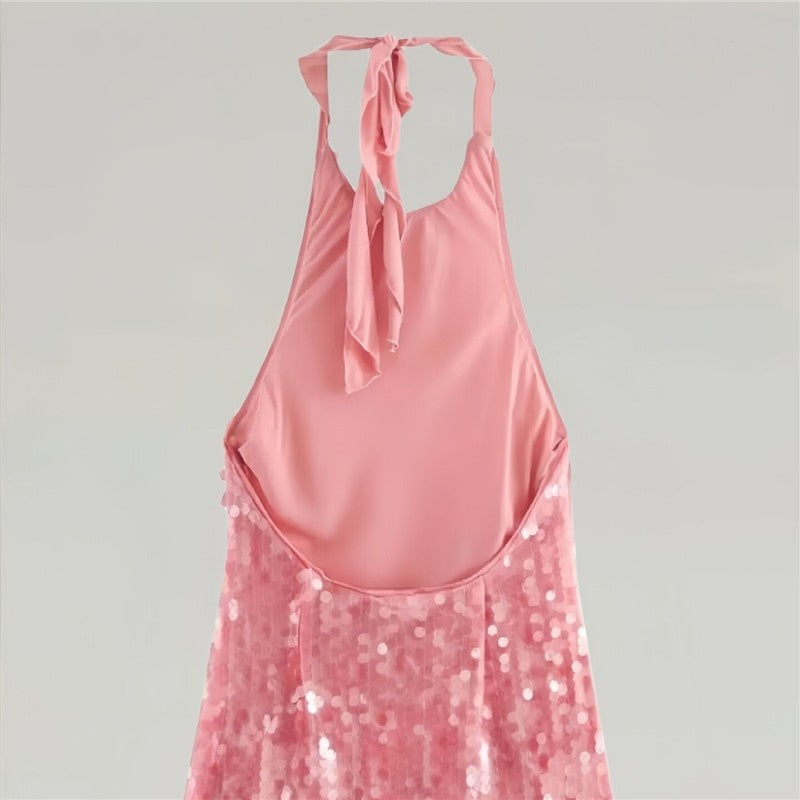 Sequined Halter Sleeveless Backless Short Dress