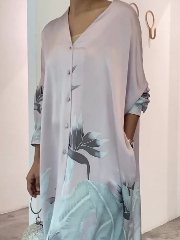 Long Sleeves Buttoned Contrast Color Flower&Leaves Print Muslim V-Neck Midi Dresses