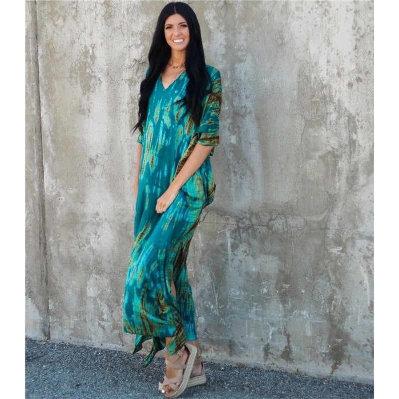Half Sleeves V-Neck Tie-Dyed Maxi Dress