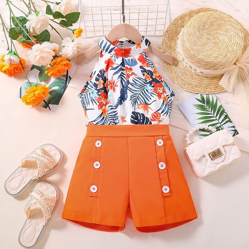 Printed Hanging Neck Top Shorts Girl's Set