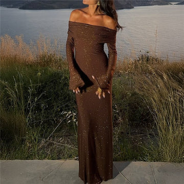 Sparkly One Shoulder Long Sleeve Solid Dress