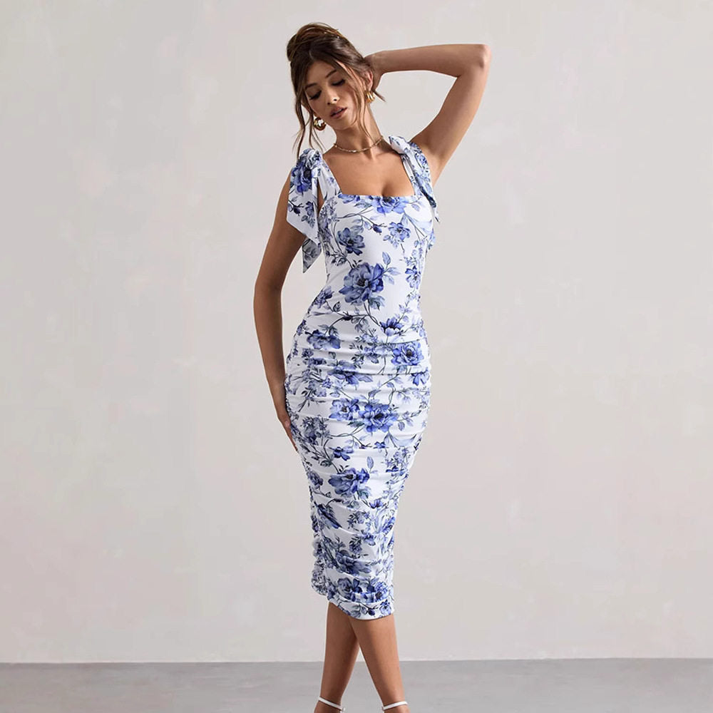 Women's  Summer Floral Print Ruched Dress Retro Fashion Trendy Casual Maxi Dresses
