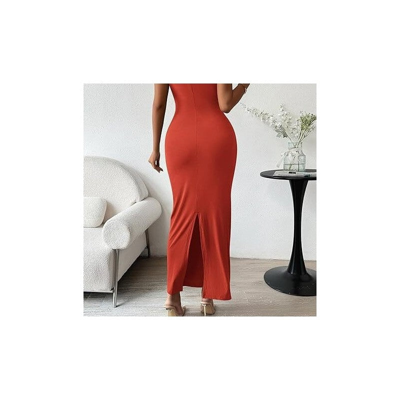 Sleeveless Back Slit Pleated Bodycon Maxi Dress